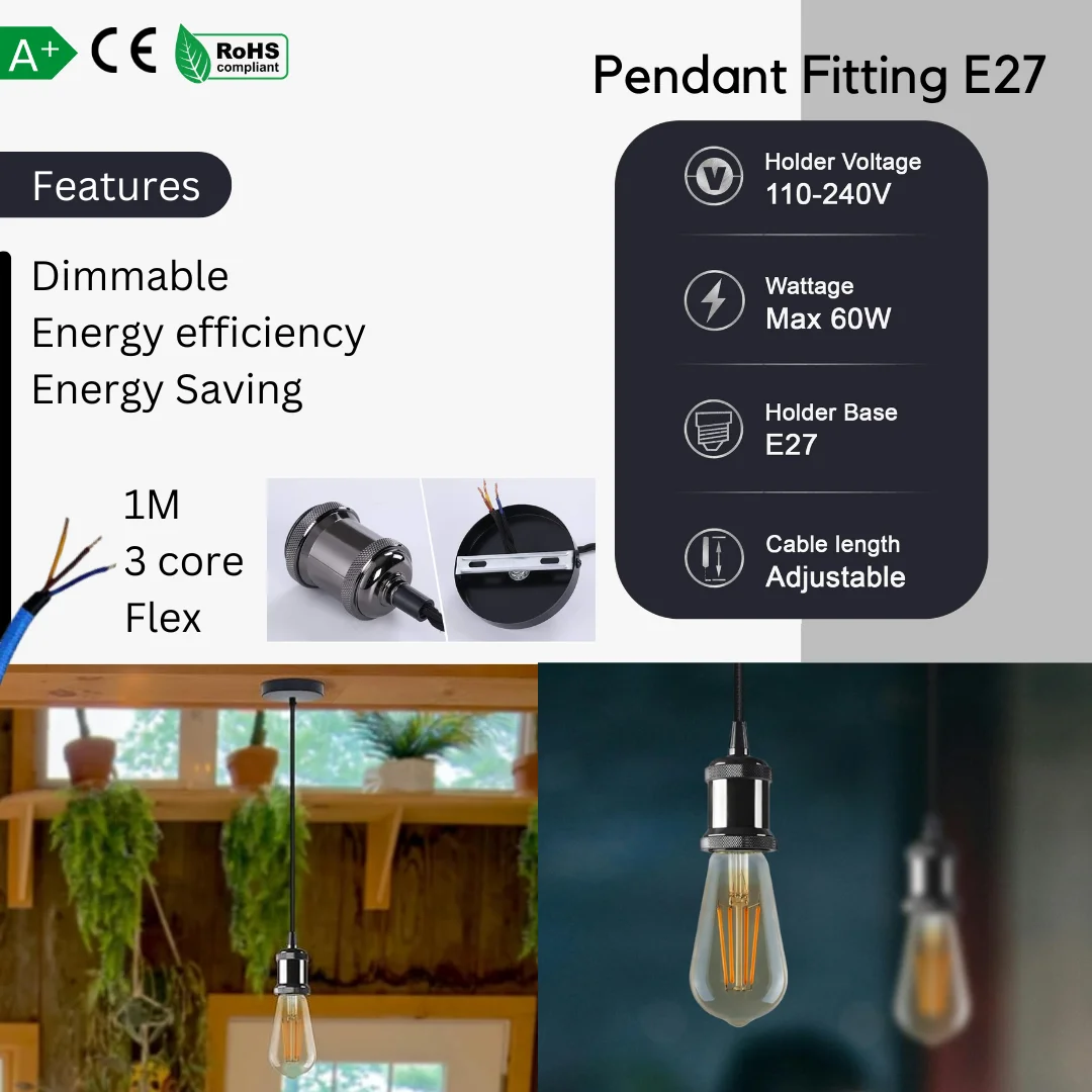 Metal pendant fitting with 100cm flexible cable, vintage industrial style, E27 lamp holder, 10cm ceiling plate.