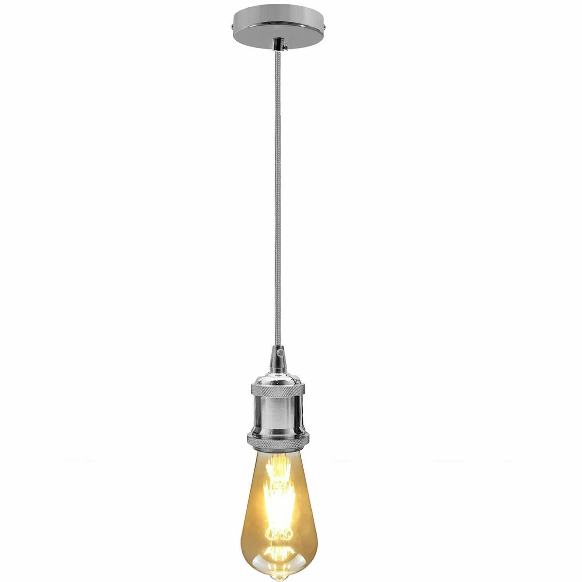 Industrial pendant light with metal body, long 1 m cable, E27 holder, hanging from ceiling.