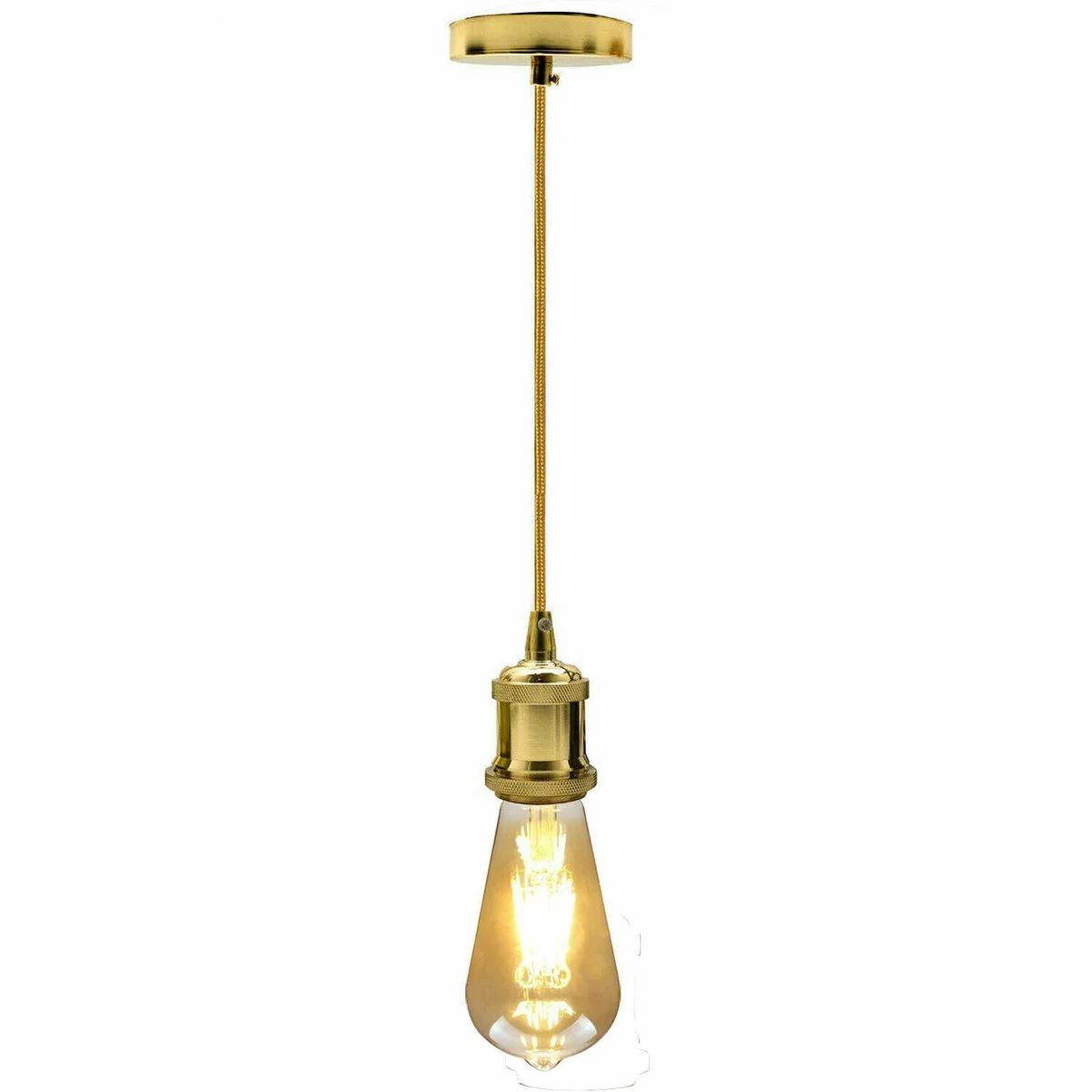 Metal industrial pendant light hanging from ceiling with 100 cm cable, 10 cm plate base, E27 holder.