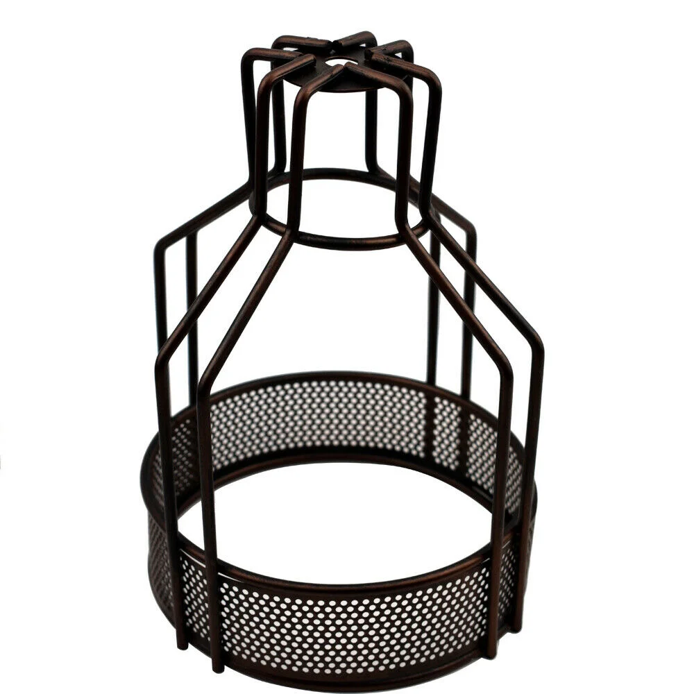 Painted metal light shade featuring a wire cage frame, standard socket fitting, with attached ring reducer plate.