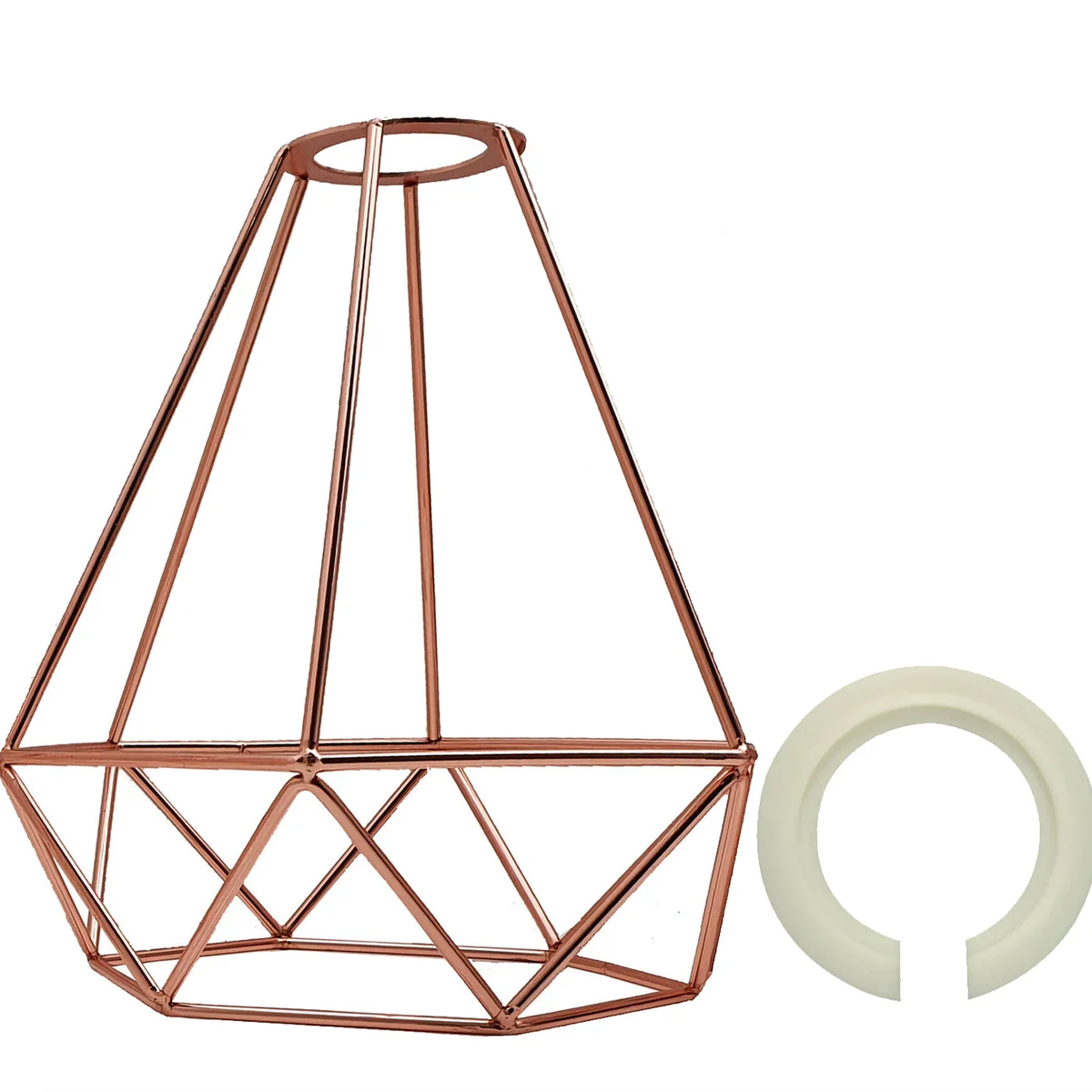 Metal wire cage shade with painted finish, includes ring reducer plate, designed as a light bulb guard shade.