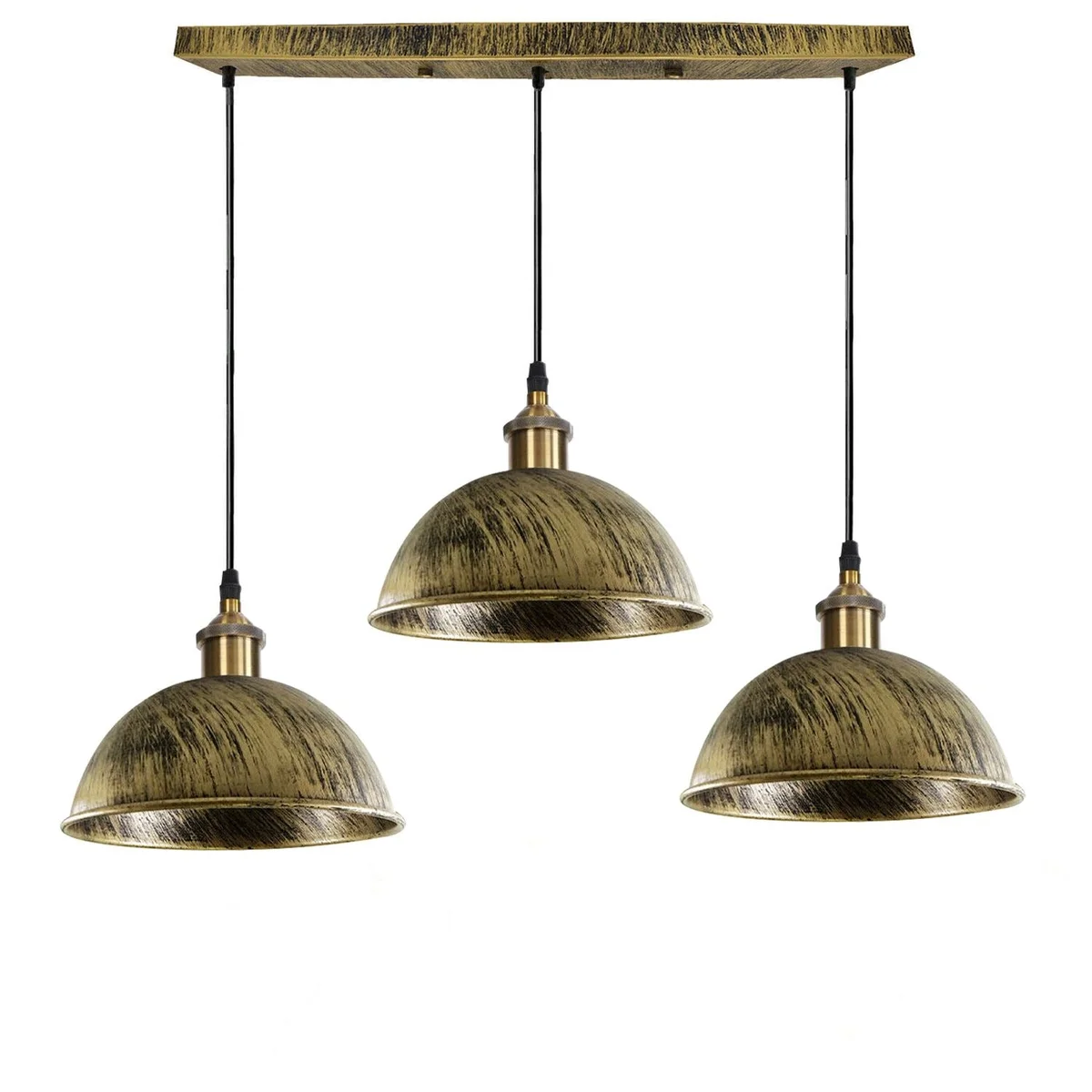 Industrial pendant light with heavy‑metal dome shades hanging from a circular or rectangular metal rose