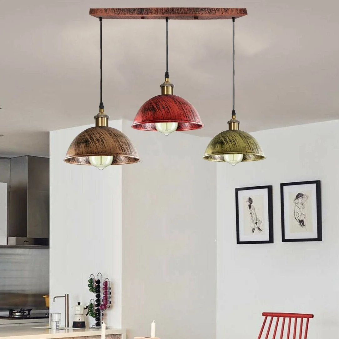 E27 bulb pendant featuring round metal rose, three 22cm metal dome shades, and 95cm adjustable cables.
