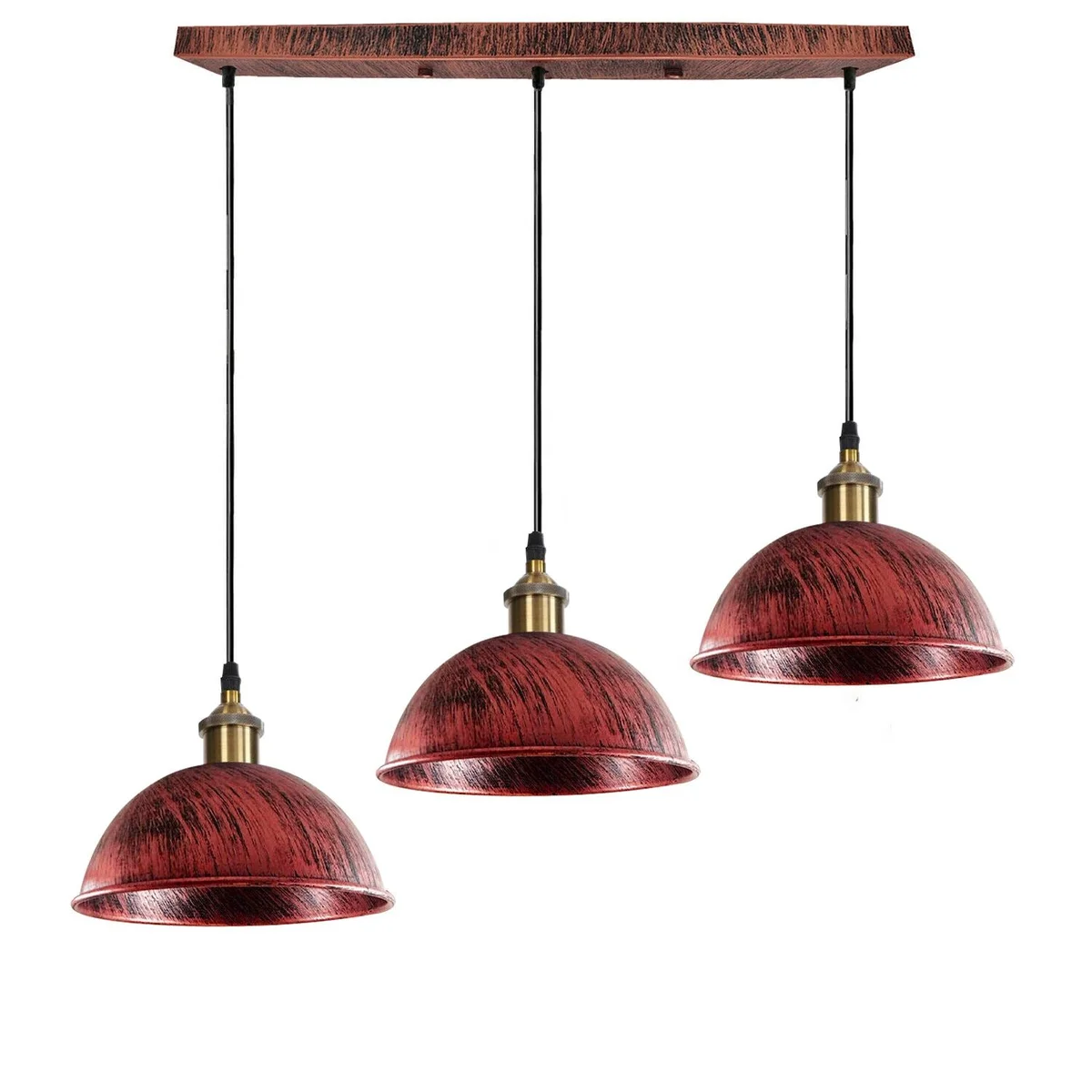 Three metal dome pendant lights hanging from a rose, vintage industrial light style, round and rectangular base.