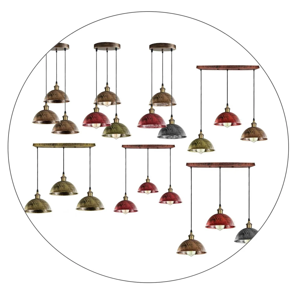Industrial pendant light with three metal dome shades hanging from a heavy‑metal rose, showcasing a vintage‑industrial design.