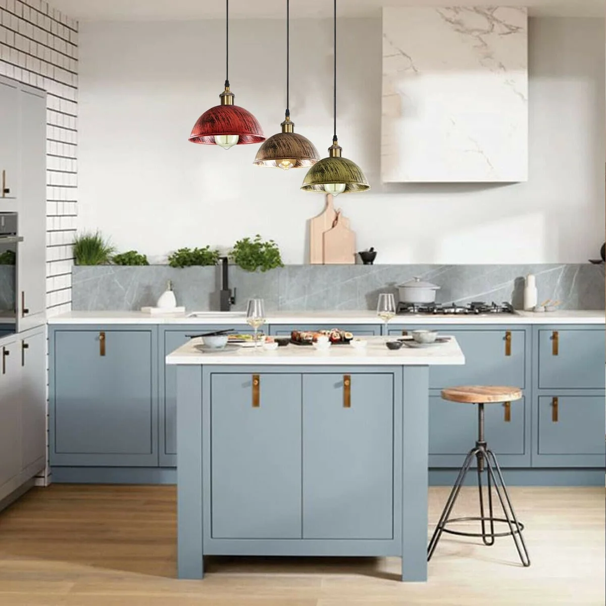 Industrial pendant light with metal dome shades on adjustable cables, showcasing a vintage‑industrial design