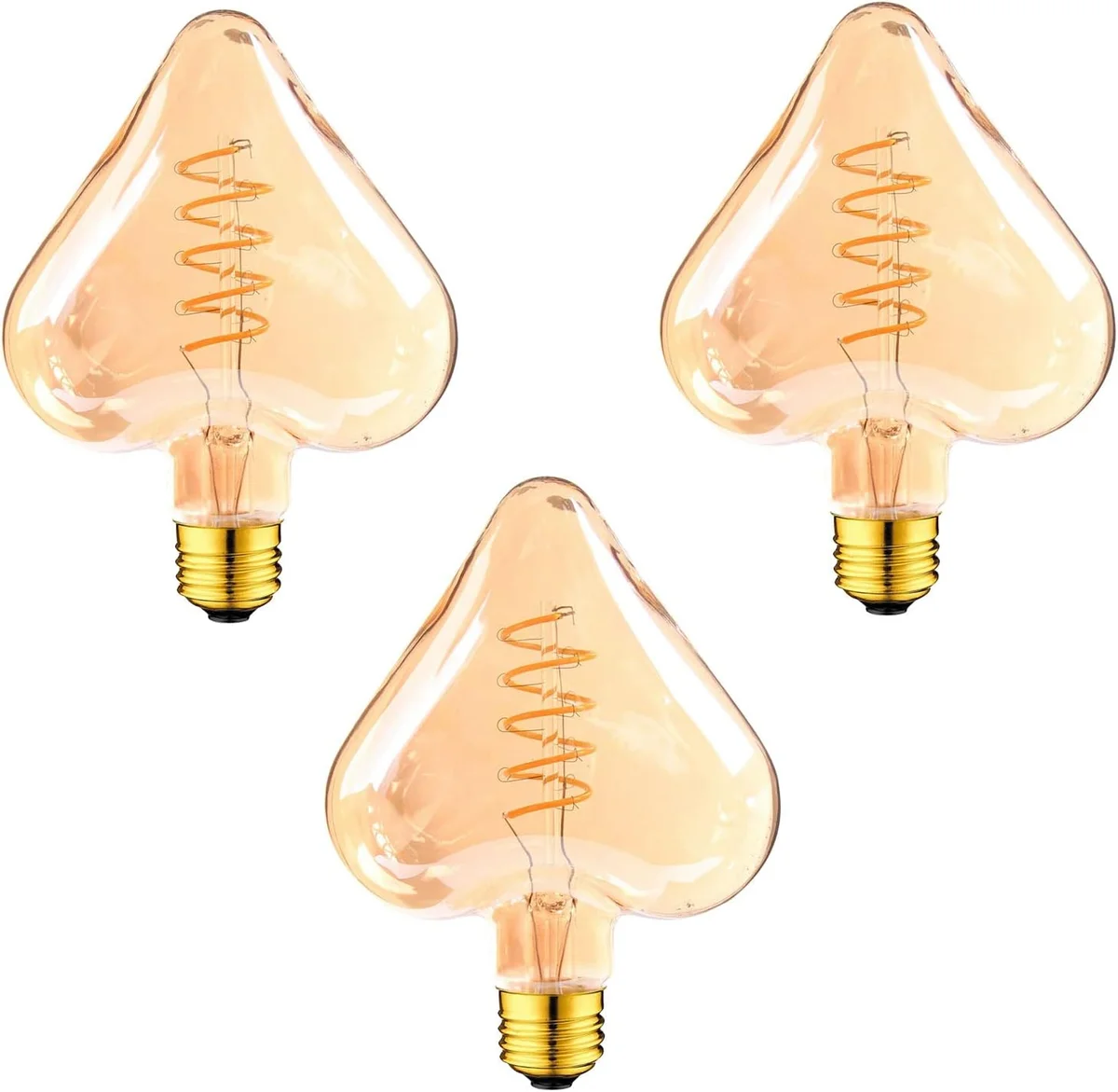 Three LED Edison bulbs with amber glass hearts, vintage E27 screw base, curling spiral filament, arranged in a set