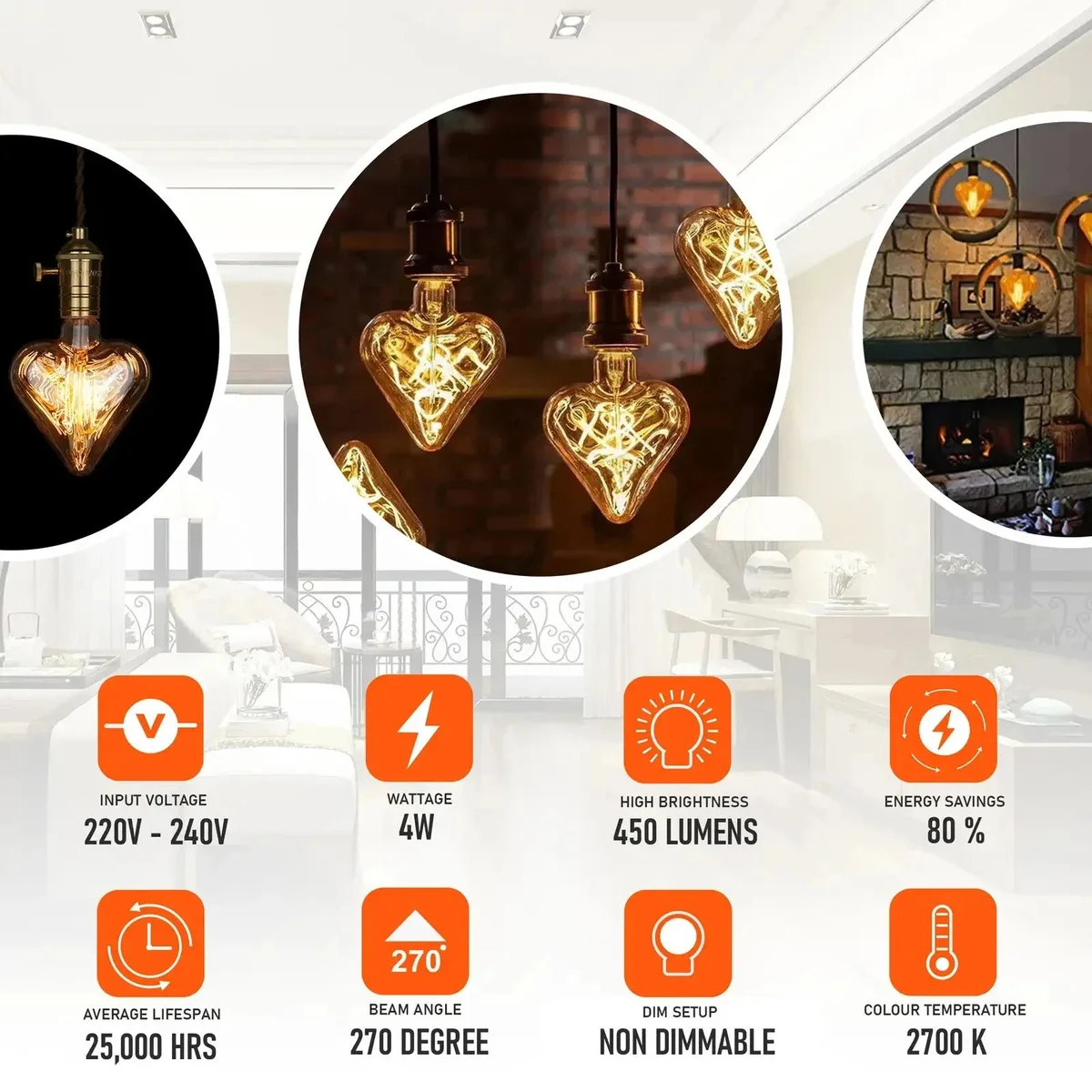 Three E27 LED bulbs with heart-shaped amber glass, set in a cardboard box.