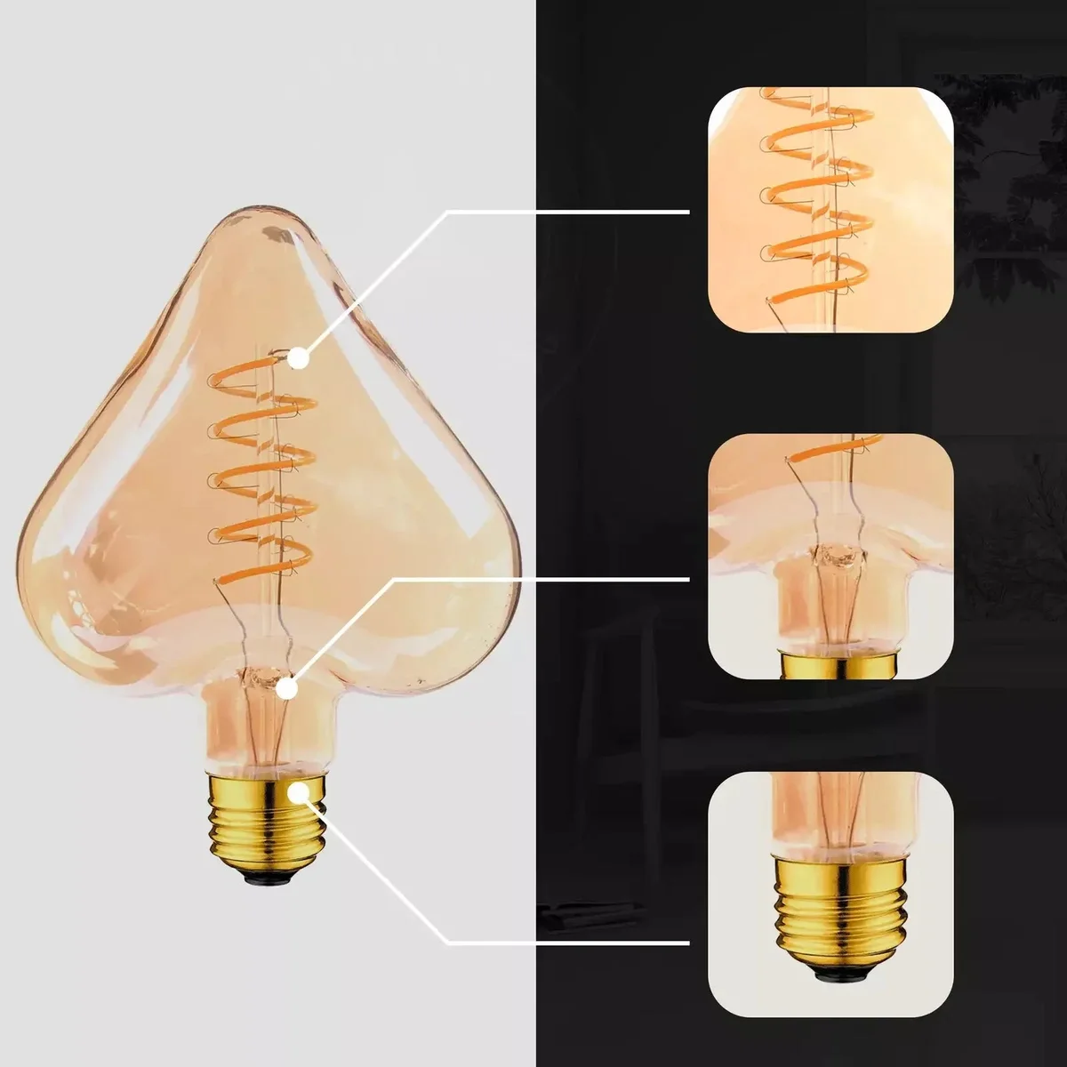 Three amber glass heart‑shaped LED Edison bulbs, 4W, warm white, 2700K, energy saving bulbs.