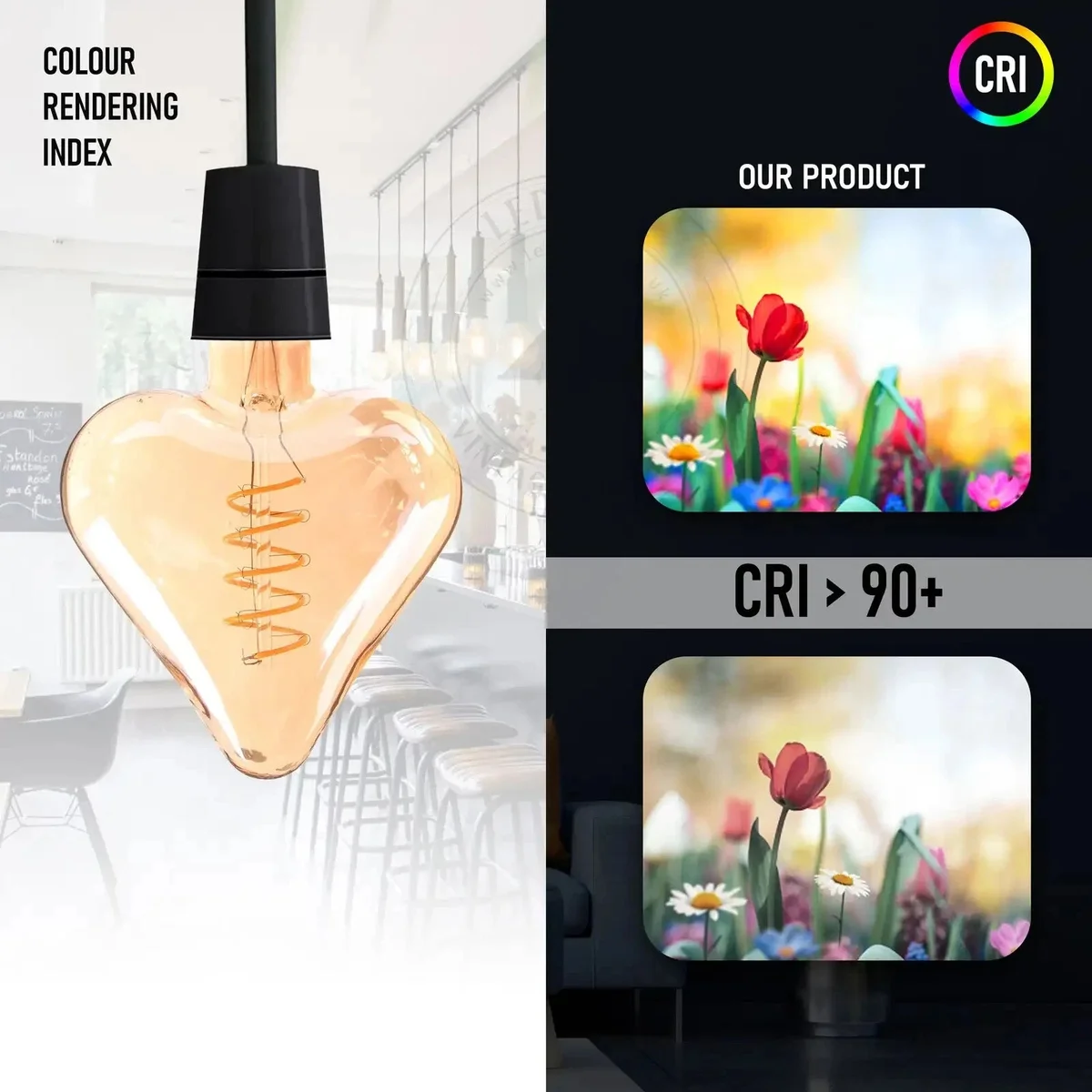 Three vintage heart‑shaped 4W non‑dimmable LED bulbs with amber glass and E27 screw base, emitting warm white light.