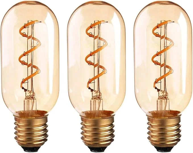 E27 LED bulb in vintage amber glass T45 shape, spiral LED filament, 4W, 2700K warm white