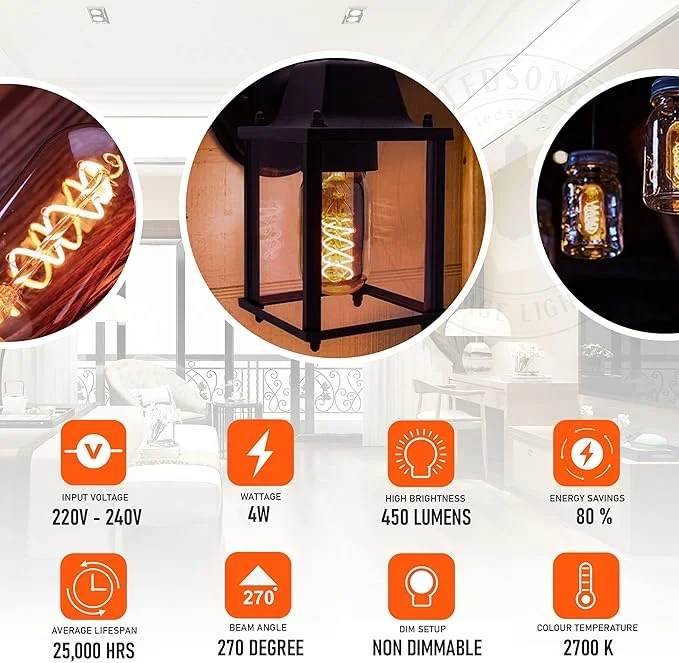 Spiral filament LED bulb in amber glass, 4W E27 base, warm white 2700K, 450 lumens, energy efficient, non-dimmable