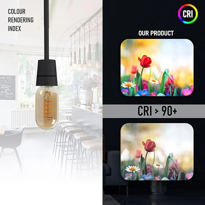 Non-dimmable LED bulb in T45 tubular shape with amber glass and spiral LED filament, warm white 2700K.