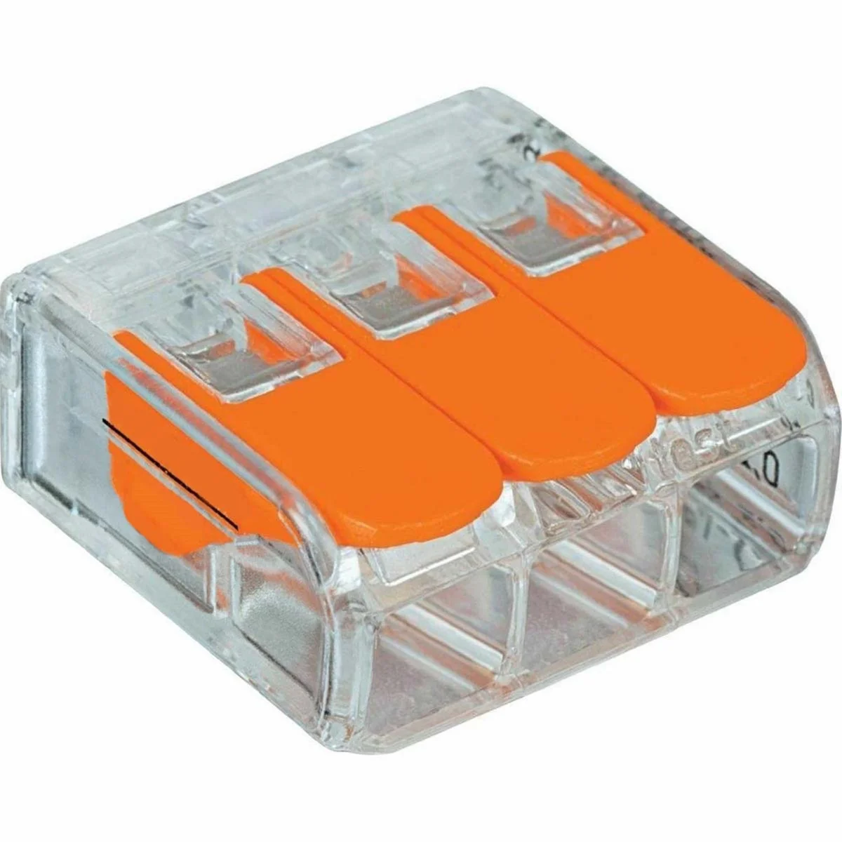 Orange and clear 3 way wire connector with spring lever, 20×16×19 mm, compact and secure
