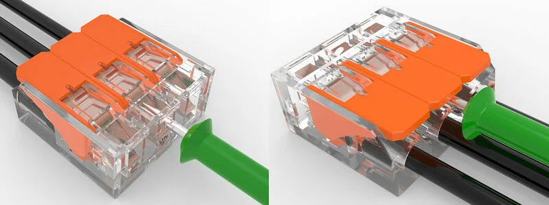 Clear and orange 3‑way push fit wire connector with spring levers, 32A.
