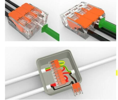 Clear and orange 3‑way electrical wire connector with spring lever push‑fit sockets, compact size, visible wiring.