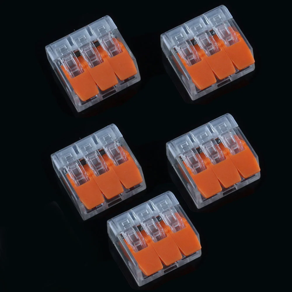 Clear and orange 3‑way wire connector with lever, compact design and tested for 20×16×19 mm dimensions