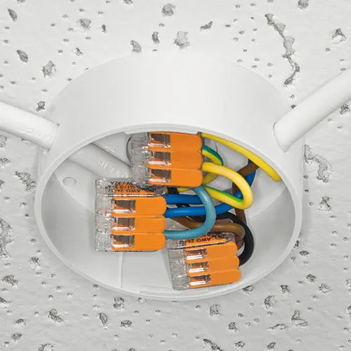 Compact 3 way wire connector featuring a clear body with orange spring levers and a multi‑prong connection layout.