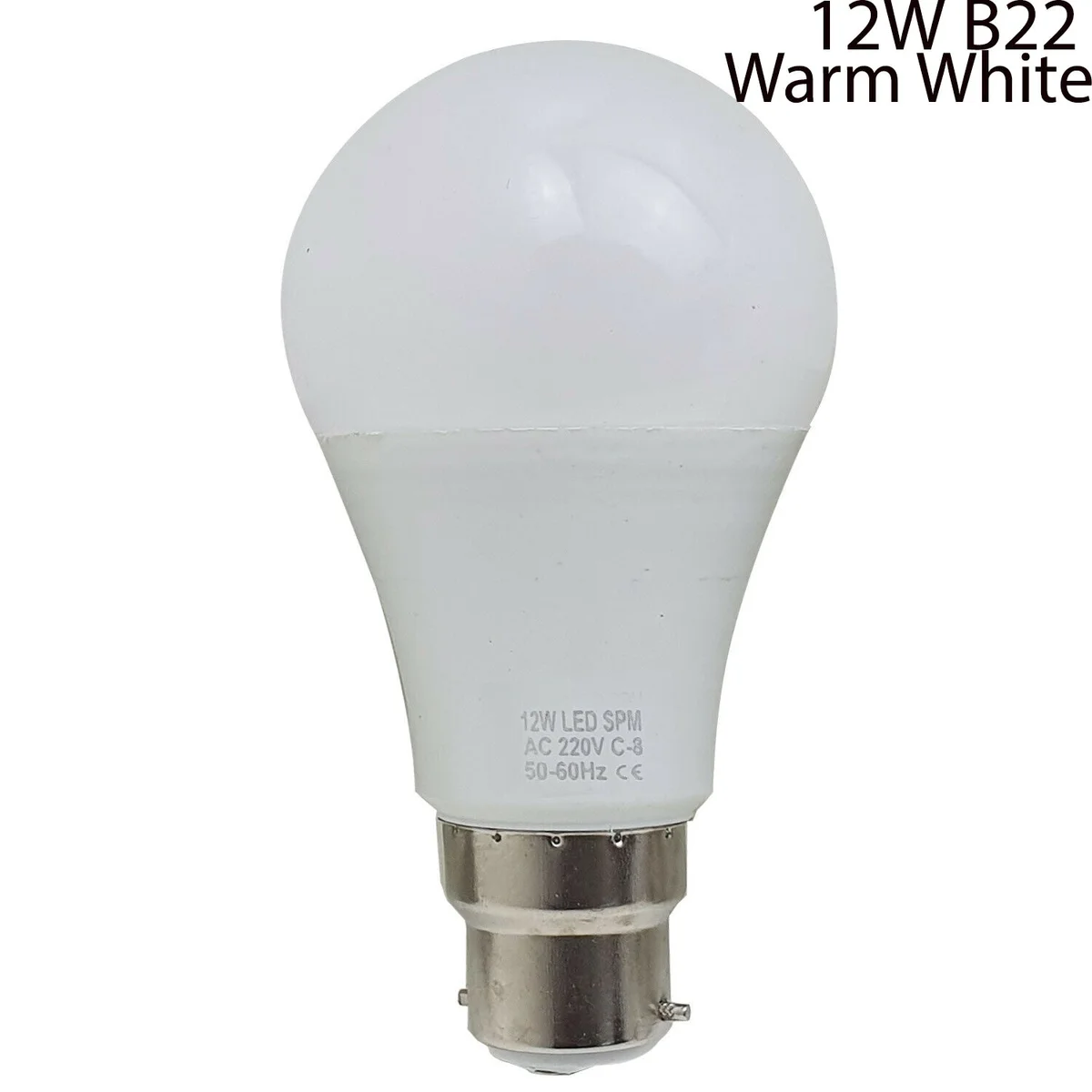 Warm white LED globe bulb with frosted glass, B22 base, compact A60 shape, ready for light fitting.