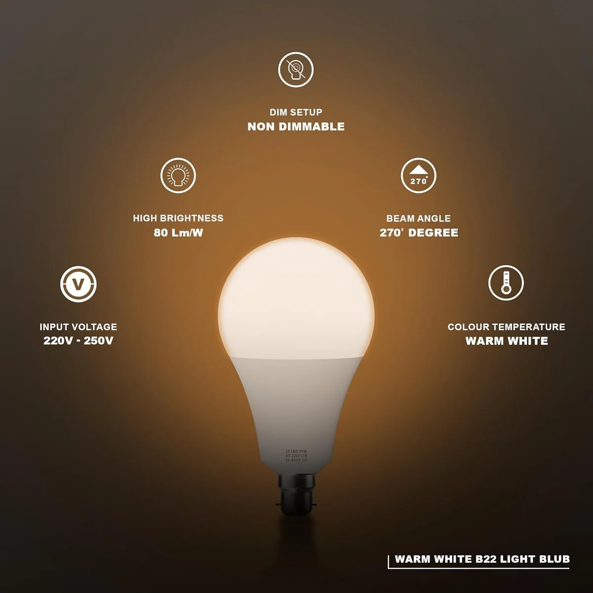 Bright warm white LED bulb B22, classic globe shape, frosted finish, black base.