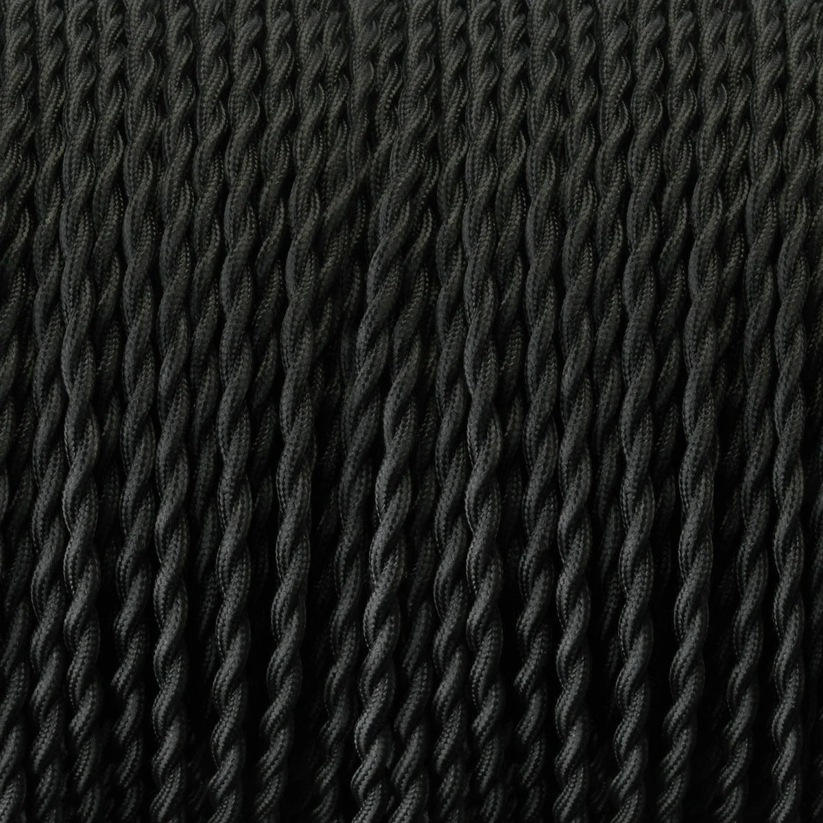 Black cloth‑covered 3 core twisted cable with braided cloth, visible copper conductors, shown in a close‑up length