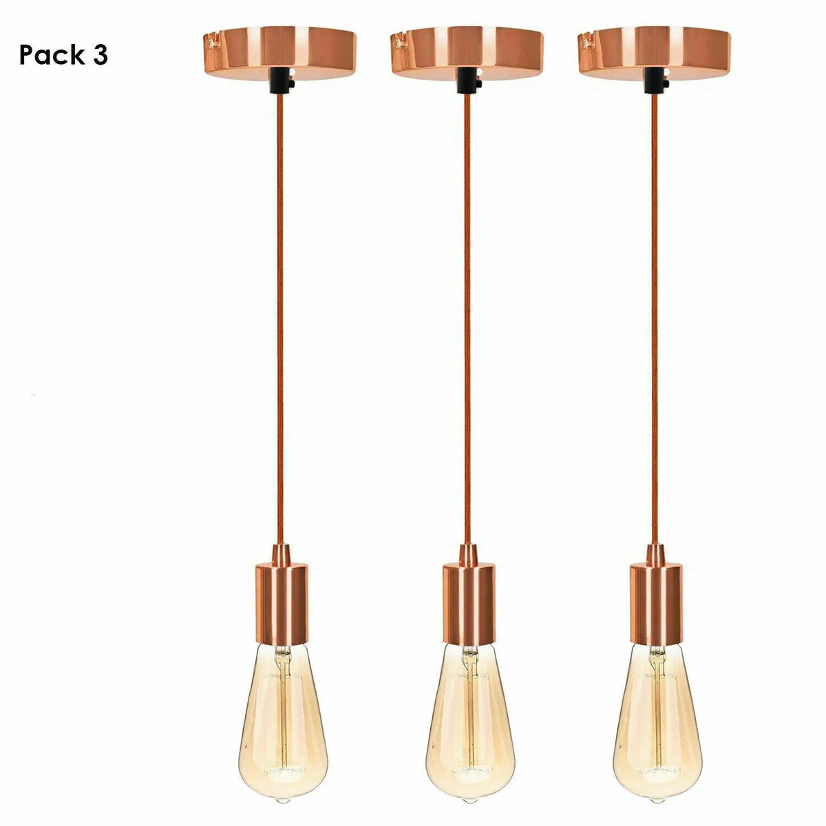 Modern pendant lamp in rose gold with metal and PVC braided fabric cord, 95cm length, round ceiling plate.