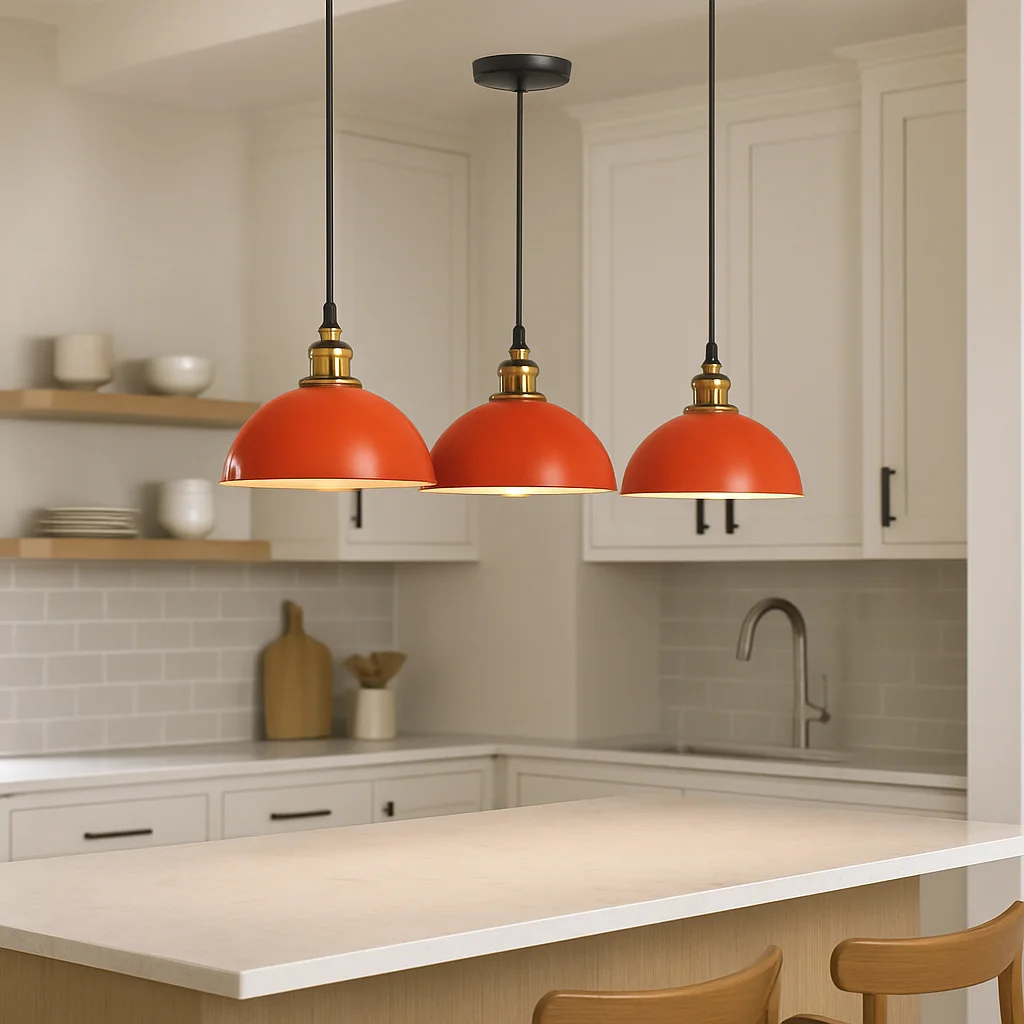 Orange pendant light with black iron frame, orange shade, 95cm cable, 60W bulb, vintage style.