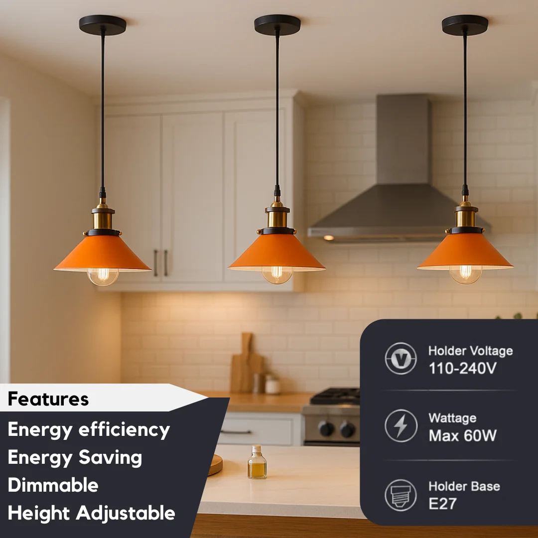 Orange metal pendant indoor ceiling light hanging from a black iron frame with a 10cm rose.