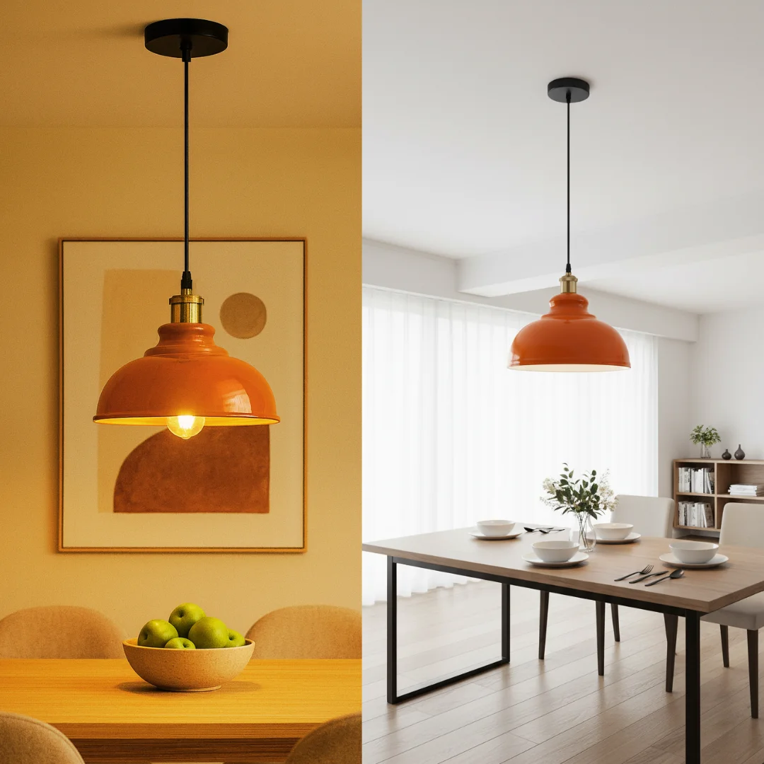 Orange metal industrial pendant lamp, black iron body, white shade, 10cm ceiling rose, single 60W bulb