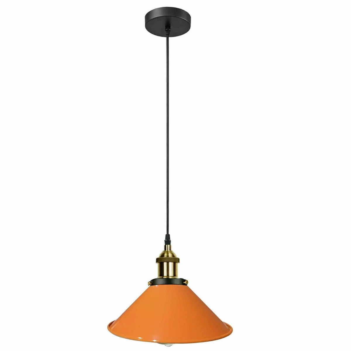 Orange pendant light with black iron frame, orange lampshade and white interior, single E27 bulb.