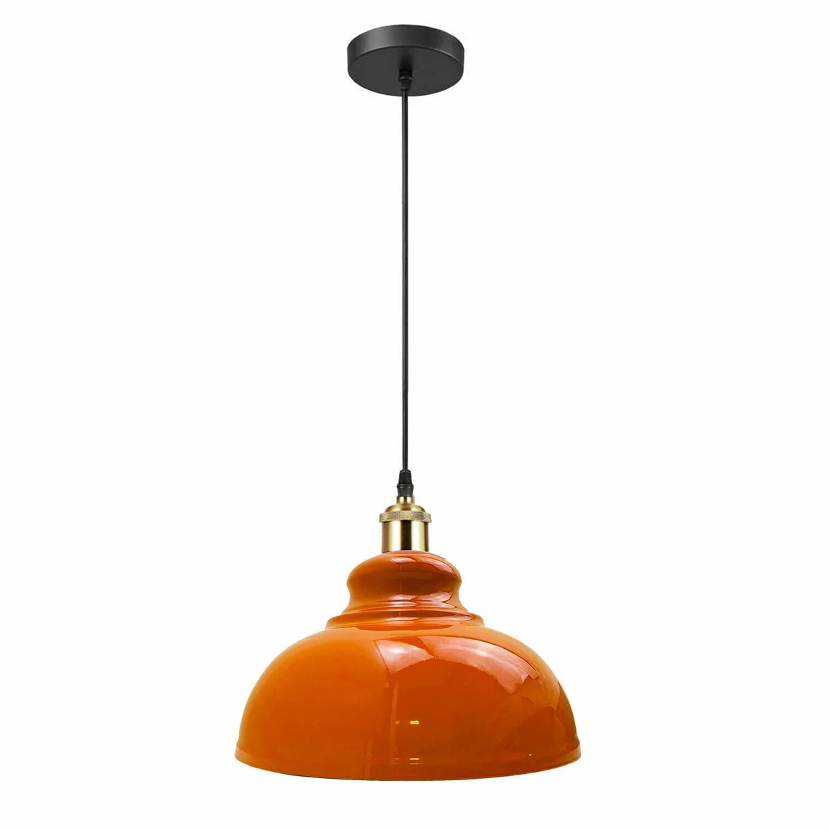 Orange pendant light hanging from a black iron ceiling rose, lamp shade in retro orange, cable attached for modern loft décor.