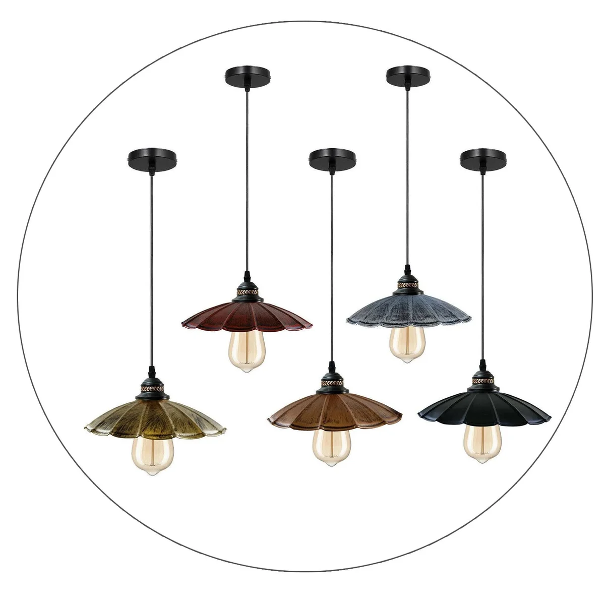 Black vintage ceiling light with metal shade and hanging pendant, modern industrial design