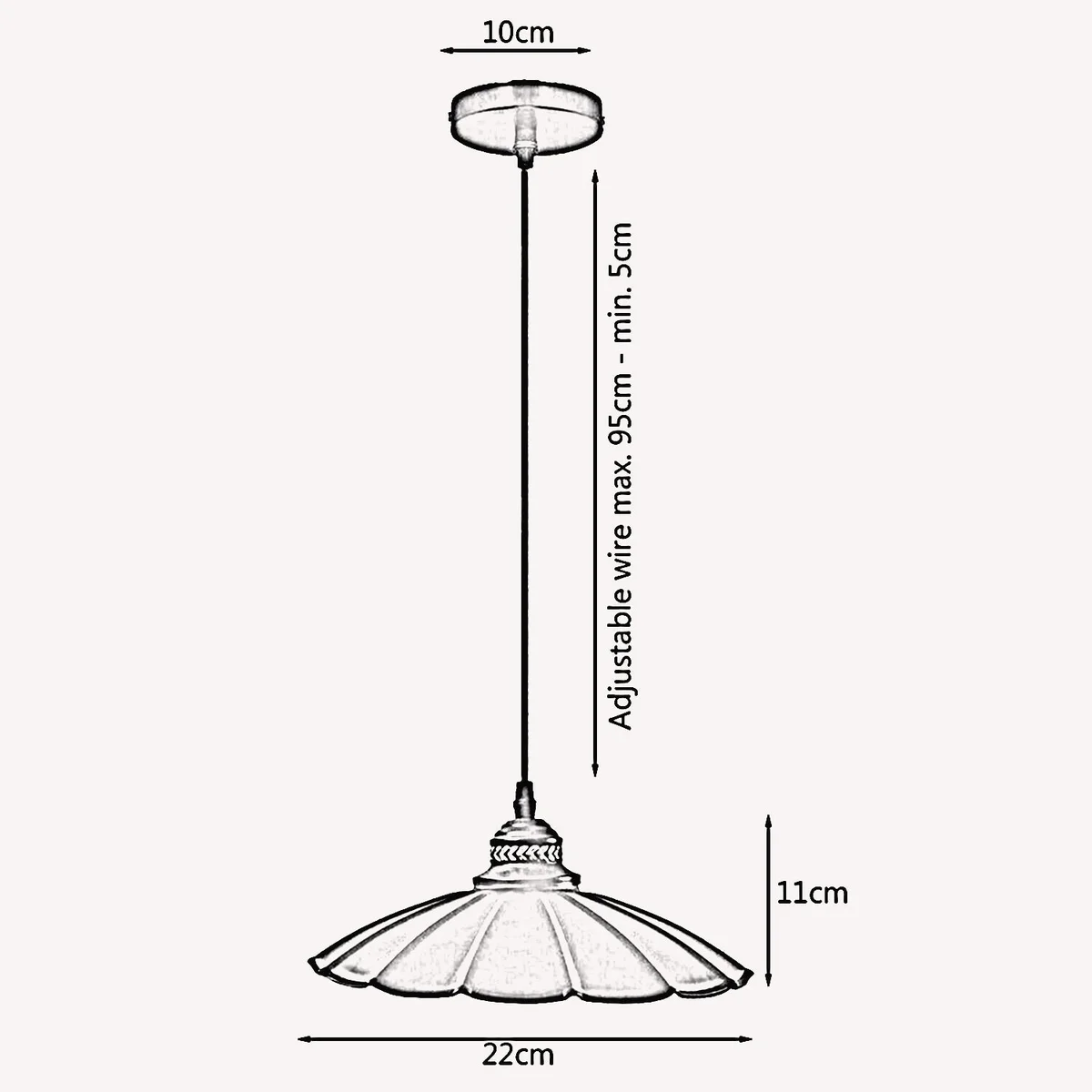 Wavy black metal pendant light with retro style metal shade, hanging from metal canopy, 95cm cable