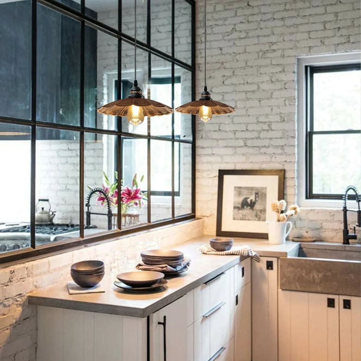 modern industrial lamp with metal shade and black frame, hanging from a 10cmx2cm ceiling plate, long PVC cable.