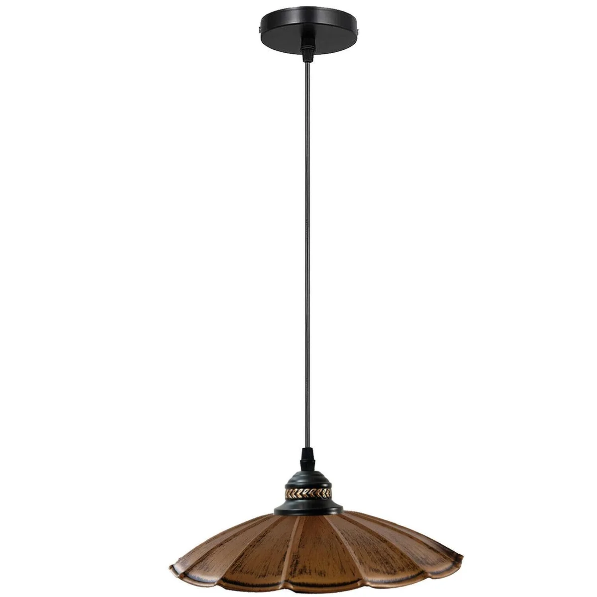 Modern E27 pendant lighting featuring a metallic shade hanging from a ceiling canopy in black.