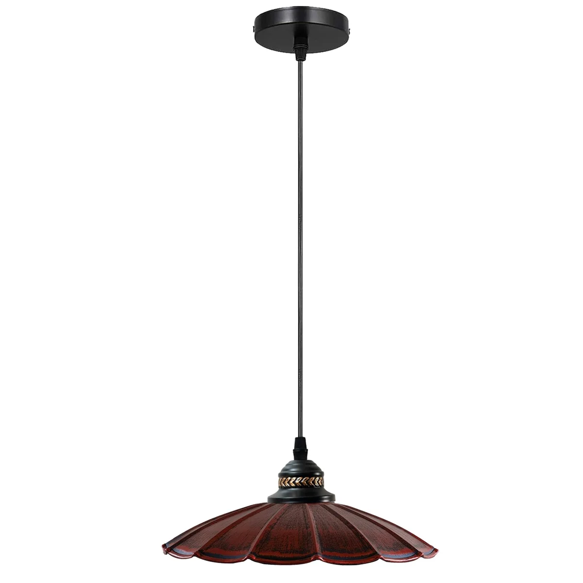 Cord pendant light with metal shade hanging from ceiling, featuring a sleek black metal body and 95cm PVC cable.