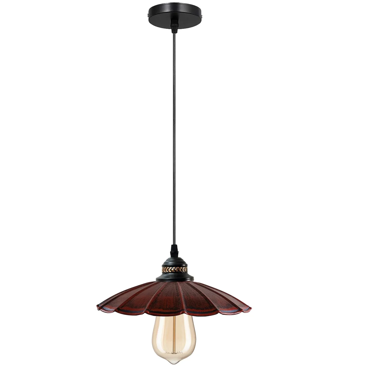 Black retro pendant lamp with wavy metal shade and 95cm PVC cable.
