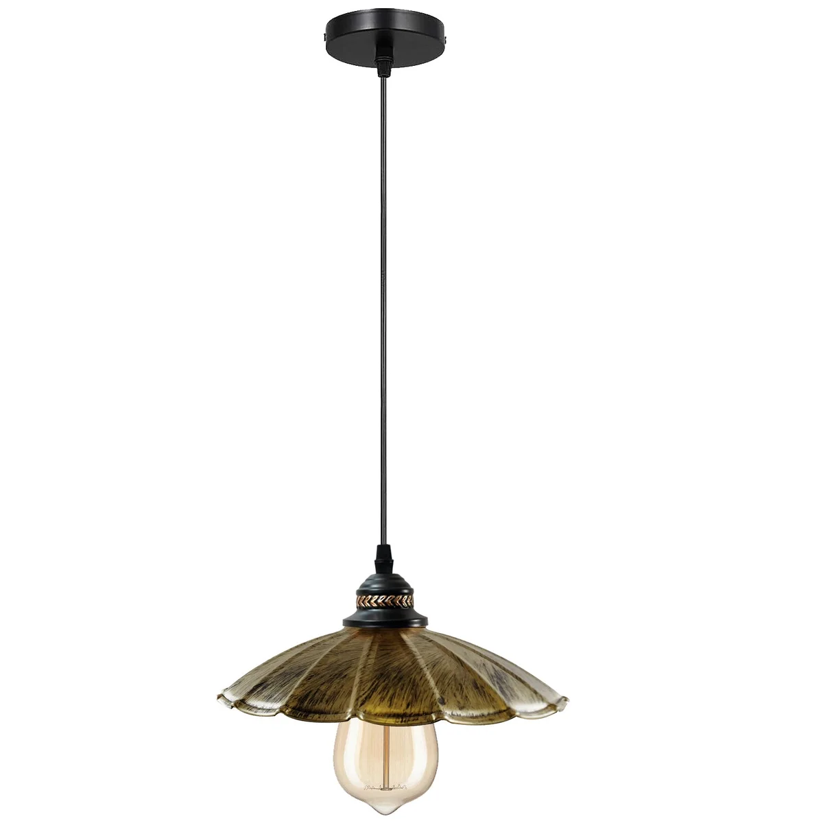 Retro pendant lamp with wavy metal shade, black finish, hanging from 95cm PVC cord