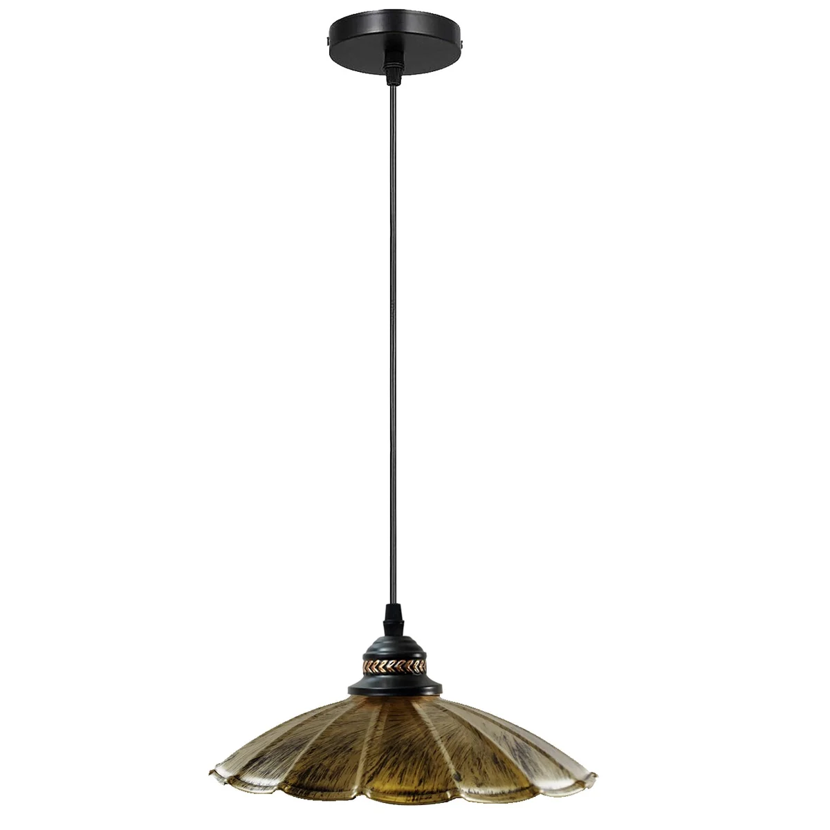 Retro pendant lamp with metal shade hanging from ceiling, black finish, cable, and support hardware.