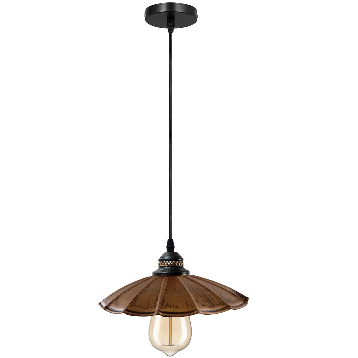 Retro pendant lamp with metal shade in black, rustic red, brushed copper or brushed brass, hanging from ceiling.