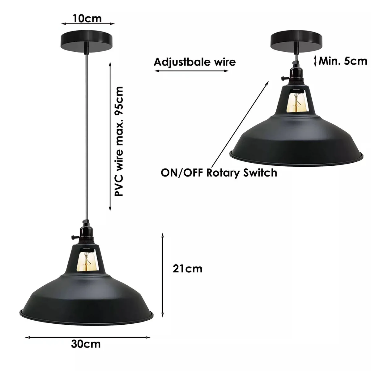 Industrial rotary switch light pendant with metal lampshade and E27 holder.
