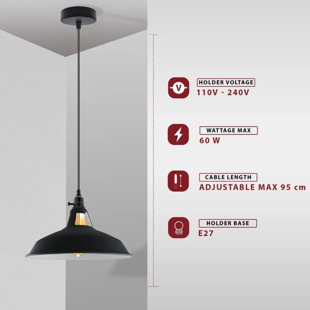 Modern industrial metal pendant lamp with integrated rotary switch, brushed brass finish, metal lampshade & E27 holder.