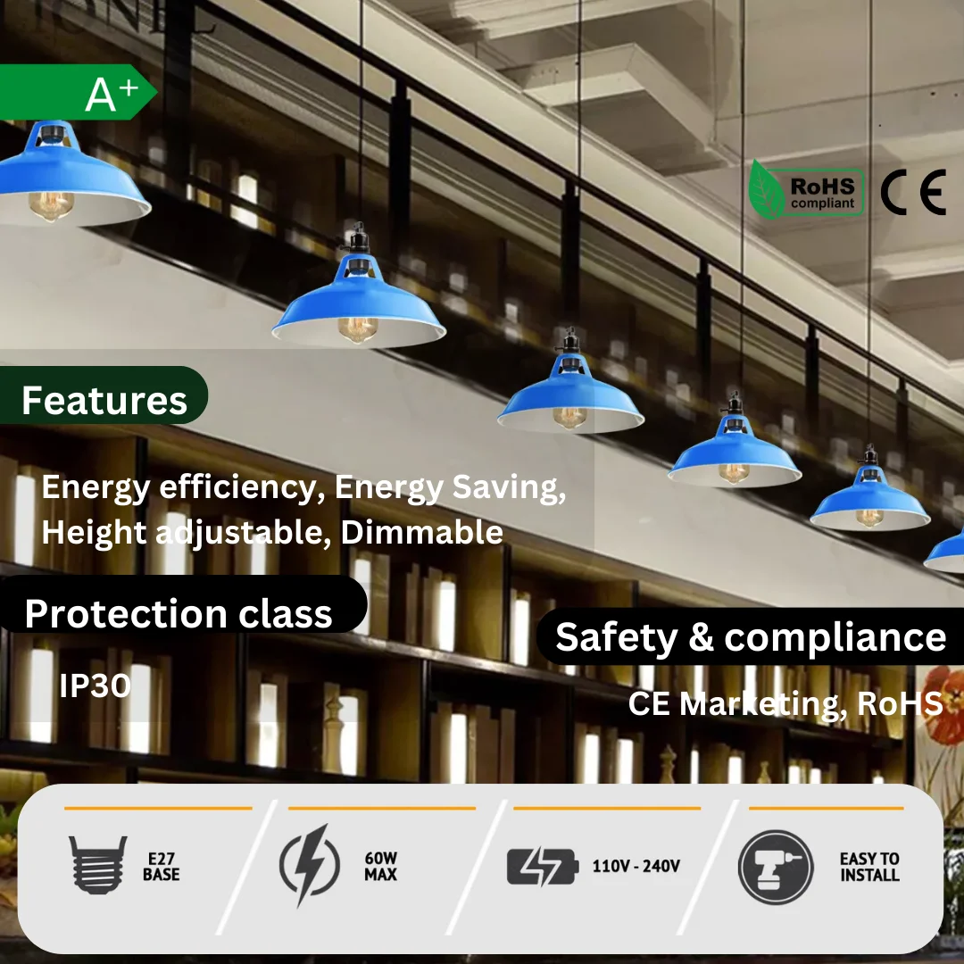 Industrial pendant light with metal shade, E27 holder, rotary switch, brushed brass finish, cable and ceiling rose included