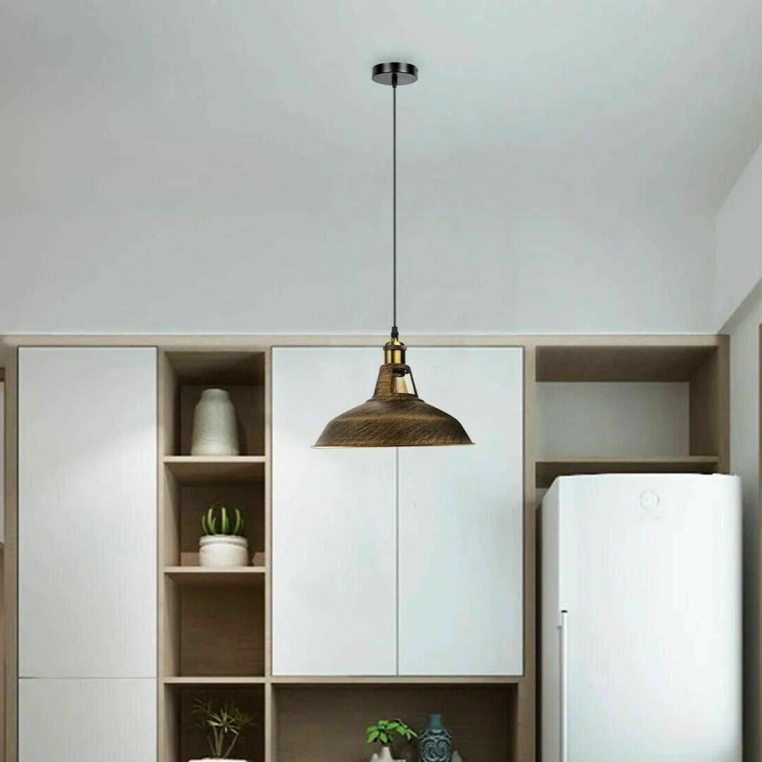 Modern industrial pendant light in brushed steel with an integrated rotary switch and decorative lampshade