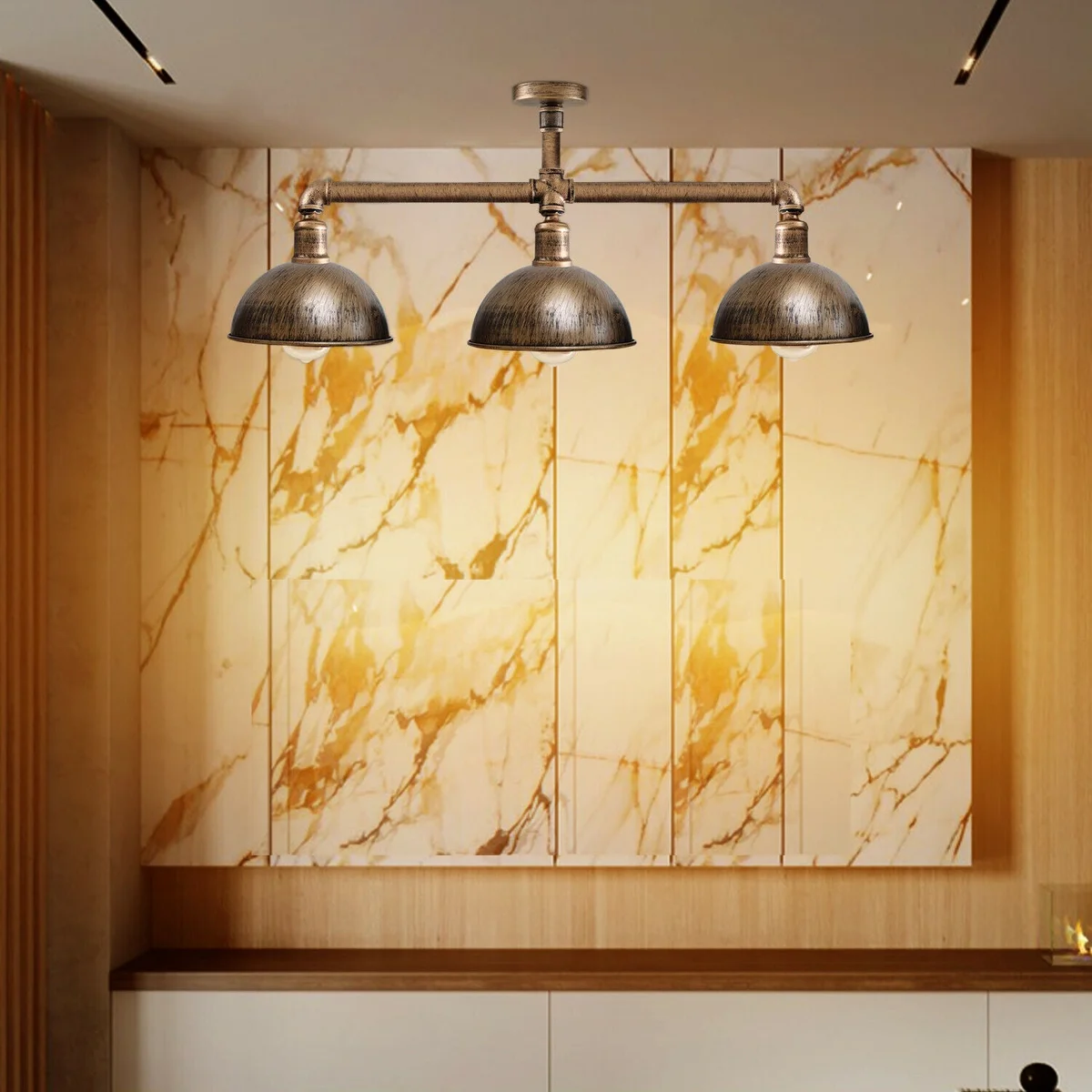 3 pendant pipe light, vintage industrial ceiling lamp with metal framework and three E27 holders, suspended from the ceiling