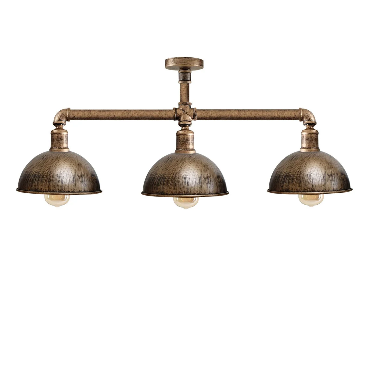 E27 ceiling lamp with three pendant metal shades, vintage industrial style suspended from the ceiling.