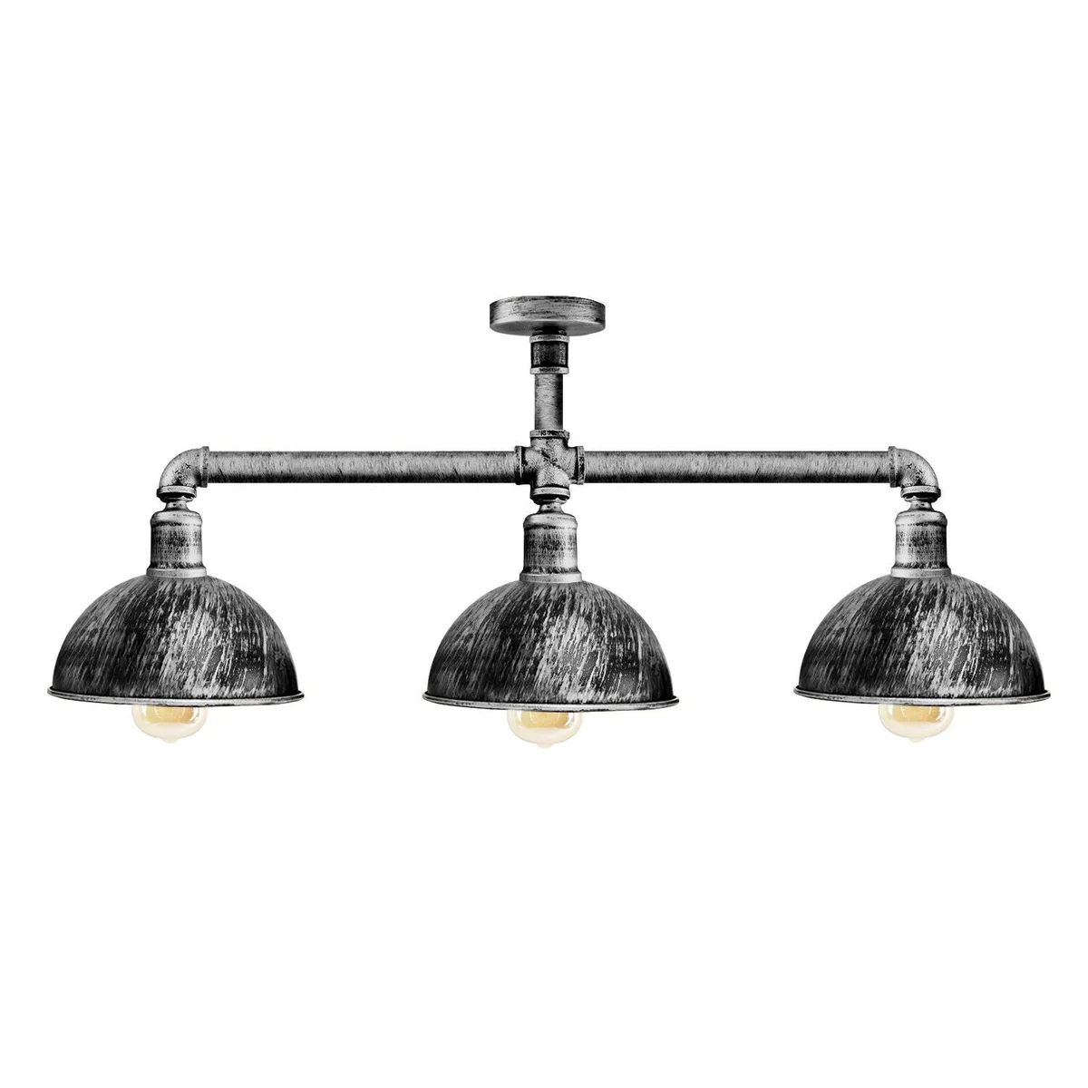 Vintage industrial ceiling light with three metal pendant lamps, Edison-style E27 filament holders, suspended from ceiling.