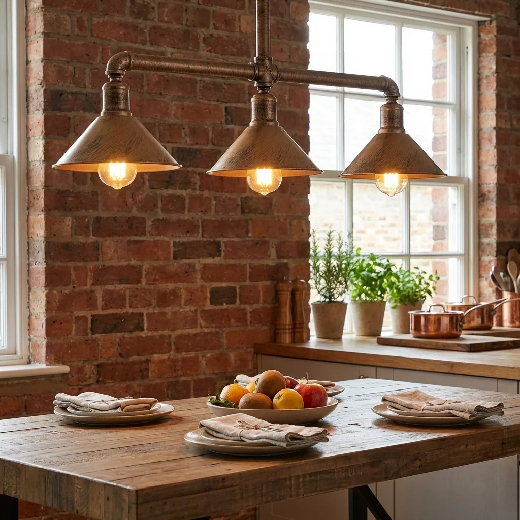 Industrial pipe ceiling light fixture with three copper‑brushed lamps hanging over a kitchen island.