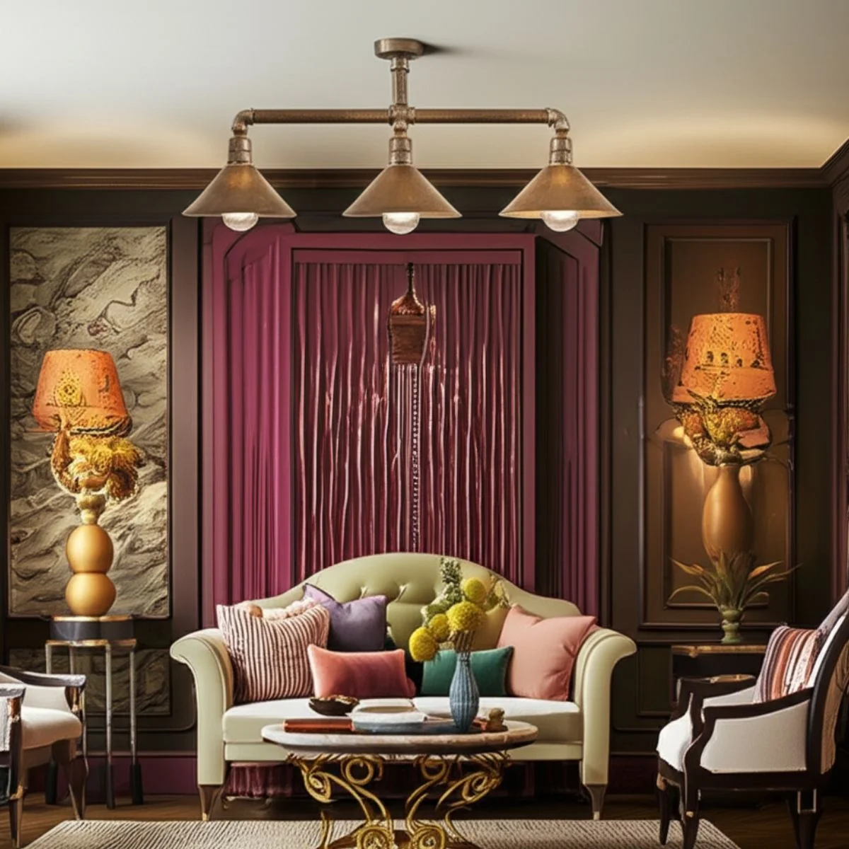 Industrial steampunk 3 light ceiling fixture: copper pipe bar with 3 recessed E27 sockets, giving warm amber glow.