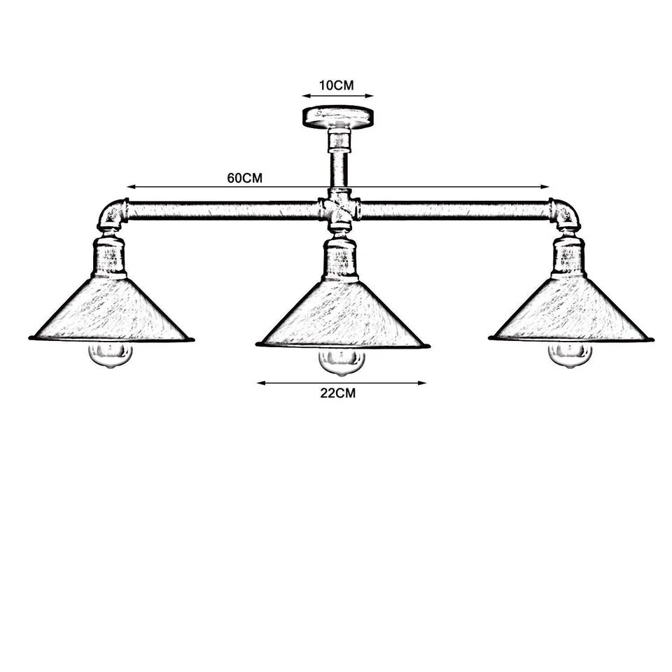 Steampunk 3‑light pipe ceiling fixture hanging from a kitchen ceiling light, with copper‑brushed pipes and E27 holders.